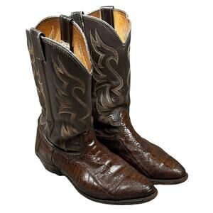 LARRY MAHAN Men's 9.5 Brown Leather Ostrich Skin Cowboy Western Boots Almond Toe